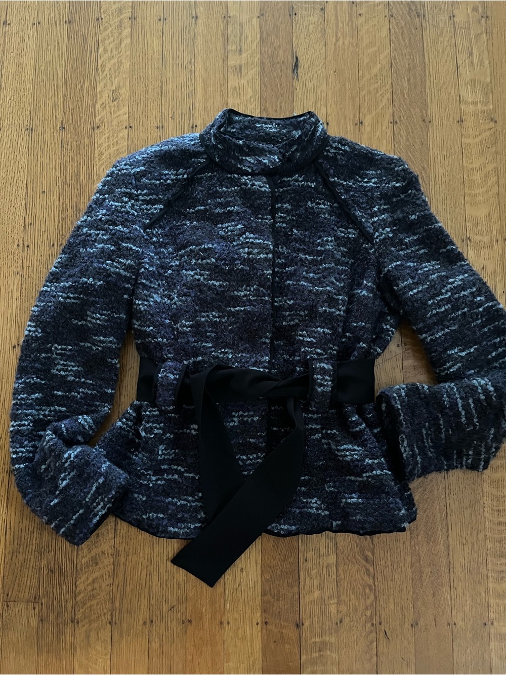 Sandro Navy and Gray Textured Belted Jacket